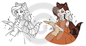 Pretty cartoon girl with adorable owl. Girl with raccoon ears and tail reading the letter. Hand drawn vector illustration. Can be