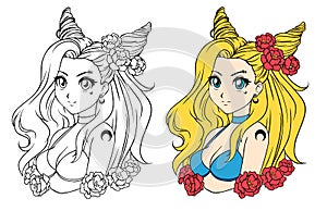Pretty cartoon girl with wavy hair, wearing swimsuit and wreath. Hand drawn vector illustration.