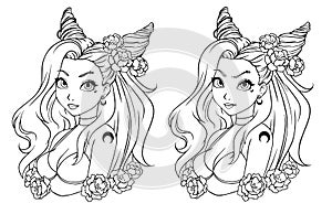 Pretty cartoon girl with wavy hair, wearing swimsuit and wreath. Hand drawn vector illustration.