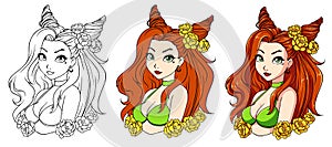 Pretty cartoon girl with wavy red hair, wearing green swimsuit and wreath