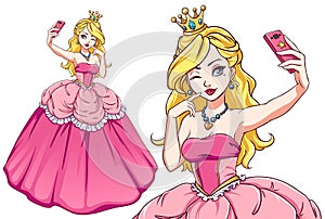 Pretty cartoon princess taking selfie. Blondie girl wearing pink royal dress and golden crown