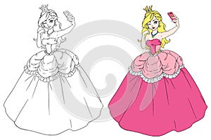 Pretty cartoon princess taking selfie. Girl wearing royal dress and crown. Hand drawn contour vector illustration. Can be used for