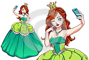 Pretty cartoon princess taking selfie. Red haired girl wearing green royal dress and golden crown. Hand drawn vector illustration