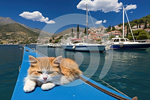 Pretty cat in summer resting outdoors on the beach