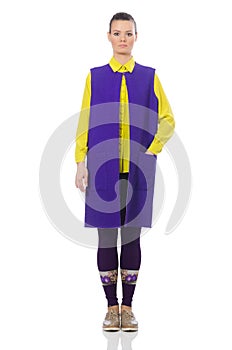 The pretty caucasian model in purple vest isolated on white