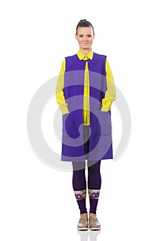 The pretty caucasian model in purple vest isolated on white