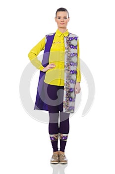 The pretty caucasian model in purple vest on white