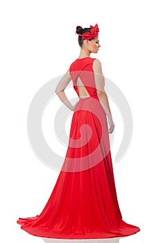 Pretty caucasian model in red long evening dress isolated on whi