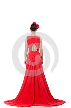 Pretty caucasian model in red long evening dress isolated on whi