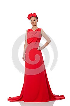 Pretty caucasian model in red long evening dress isolated on whi