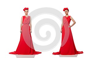 The pretty caucasian model in red long evening dress isolated on white
