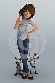 Pretty CGI teenager wearing tshirt and leggings with her two car