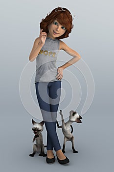 Pretty CGI teenager wearing tshirt and leggings with her two car photo