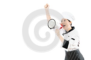 Pretty chef looking at the blank copyspace