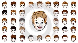 Pretty child boy faces and hairstyles heads vector illustrations set isolated on white background, early teenager kid happy