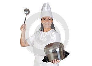 Pretty cook girl hitting a pot