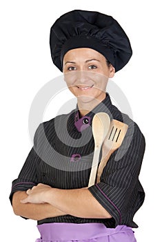 Pretty cook girl with wooden cookware