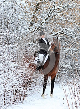 Pretty country girl riding her horse through snow at winter morning