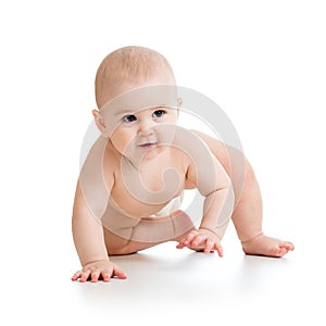 Pretty crawling baby girl on white background