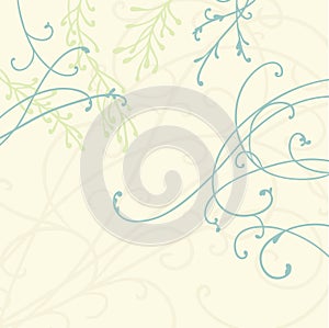 Pretty curls and flourishes in blue on beige background with green fern plants and leaves, graceful floral vector design