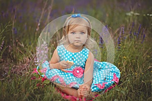 Pretty cute little girl is wearing white dress in a lavender field holding a basket full of purple flowers