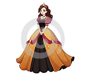 Pretty cute princess standing and wearing golden ball dress. Brown curly hair, big anime eyes