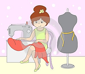 Pretty cute seamstress is sitting at the sewing machine. Mannequ