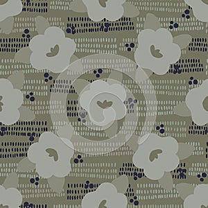 Pretty dark floral daisy circle texture background. Variegated dotty flower seamless pattern. Funky sage green all over