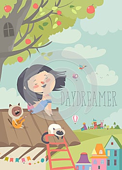 Pretty daydreamer sitting with cats on the roof photo