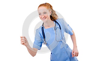 Pretty doctor in blue uniform