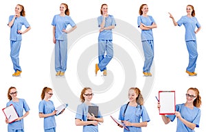 The pretty doctor in blue uniform isolated on white