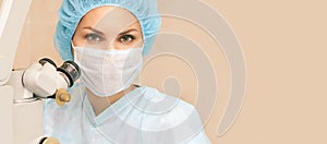 Pretty doctor woman portrait. Ophthalmology laser microscope operation. Clinic room. Patient eye treatment. Myopia and cataract