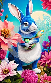 Pretty Easter Floral Illustration Featuring a Cute Blue Bunny Surrounded by Flowers and Painted Egg