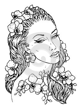 Pretty elegant boho girl with floral wreath made of orchid.