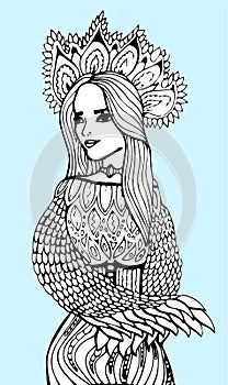 Pretty elegant girl, floral wreath. Coloring book page for adult. Vector artwork. Hand drawn girl portrait.