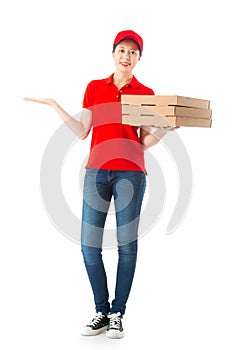 Pretty woman pizza delivery officer holding box
