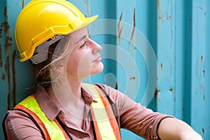 Pretty engineer worker sitting on the floor in front of the container, feeling sad and disappointed