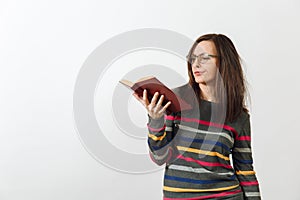 Pretty European happy brown-haired woman with healthy clean skin dressed in casual longsleeve on a white background