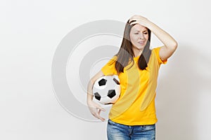 Beautiful European young people, football fan or player on white background. Sport, play, health, healthy lifestyle concept.