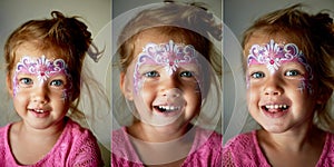 Pretty exciting blue-eyed girl of 2 years with a face painting. Collage
