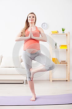 Pretty expectant mother is exercising at home