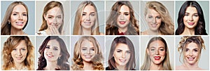 Pretty faces collage. Happy friendly women faces, positive emotions portraits