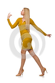 Pretty fair girl in yellow dress isolated on white