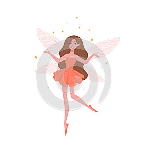 Pretty fairy in beautiful dress and with butterfly wings isolated on white background. Magical creature from fairytales