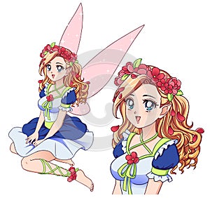 Pretty fairy with curly blonde hair wearing flower wreath and cute white dress