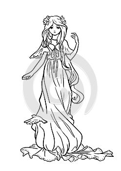 Pretty fairy girl with long hair. Beautiful girl. Wood Fairy. Princess. Isolated vector on white background. Coloring page, card,