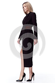 pretty fashion model blond hair woman wear black long dress
