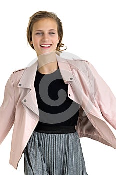 Pretty fashionable stylish teenage girl. Isolated over white background.