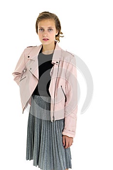 Pretty fashionable stylish teenage girl. Isolated over white background.