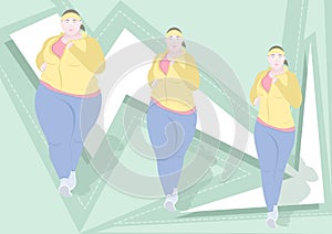 Pretty fat woman fitness stages weight loss, flat drawing, colorful vector illustration. Plump girl in three stages of losing weig